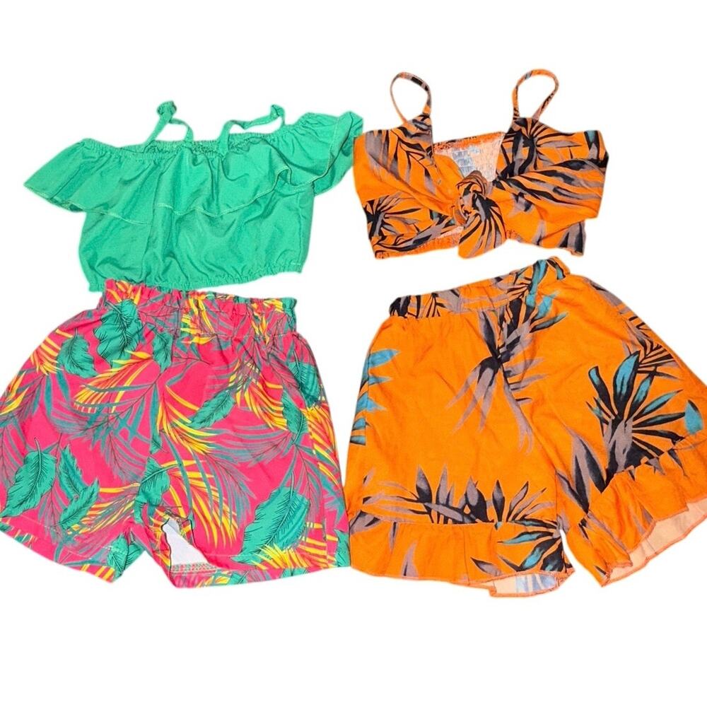 2 Tropical Summer Outfit Sets 12-24M Off Shoulder Crop Top Shorts Bundle
